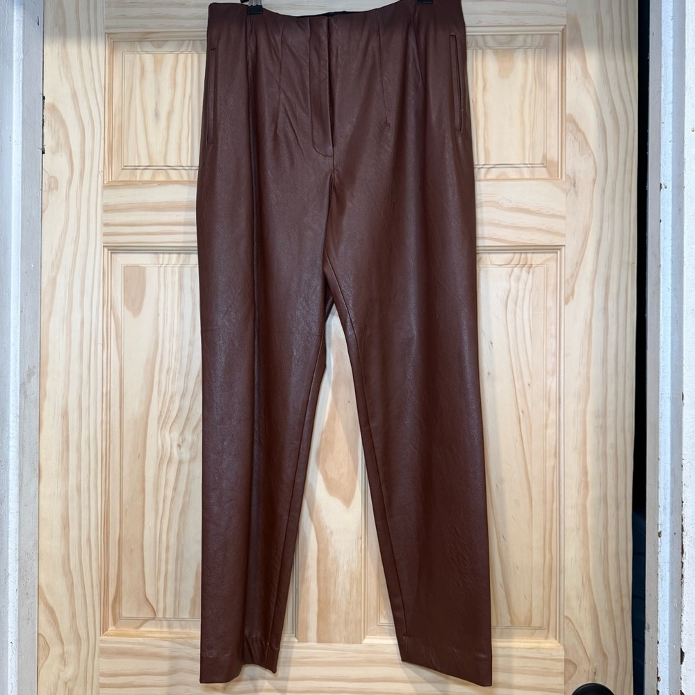 Express High Waisted Faux Leather Brown Trousers Size 10 NWOT - Picture 2 of 9